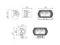 Technical drawing of the lamp showing precise measurements of height, width, depth, and mounting hole positions.