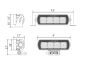 Technical drawing of the lamp showing precise measurements of height, width, depth, and mounting hole positions.