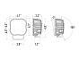 Technical drawing of the lamp showing precise measurements of height, width, depth, and mounting hole positions.